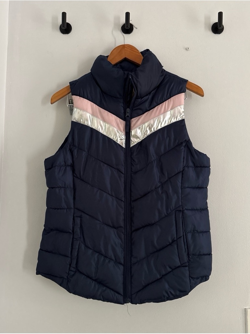 SO Navy Puffer Vest with Pink and Silver Chevron